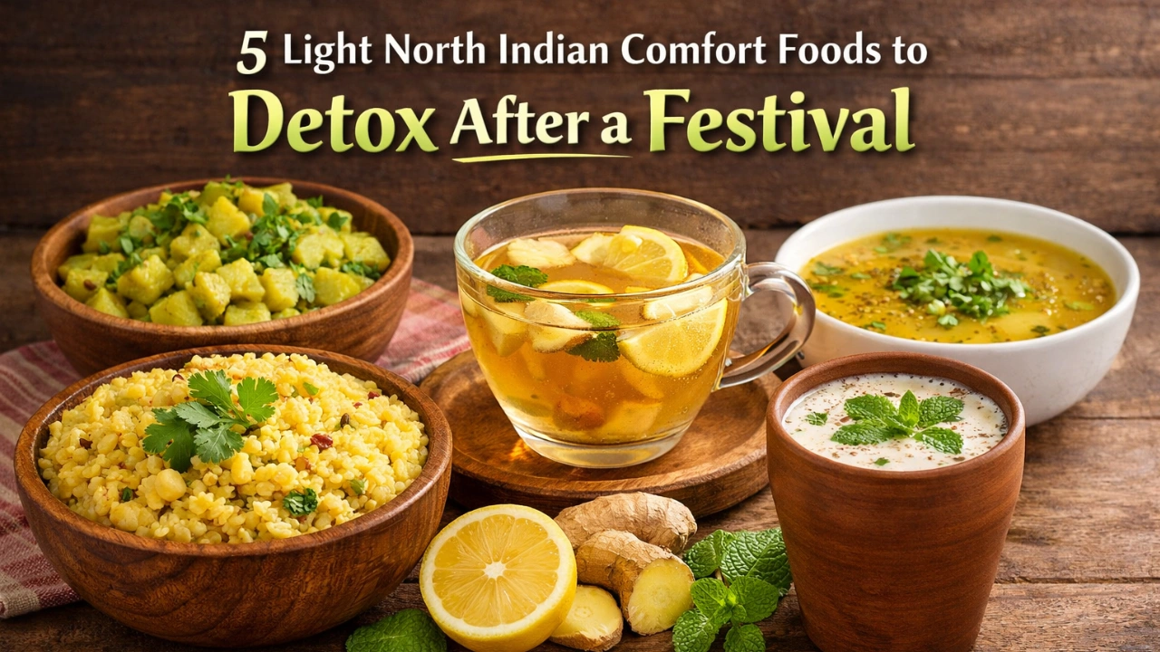 Healthy North Indian detox meal with Moong Dal Khichdi, Masala Chaas, and Ginger Tea for better digestion