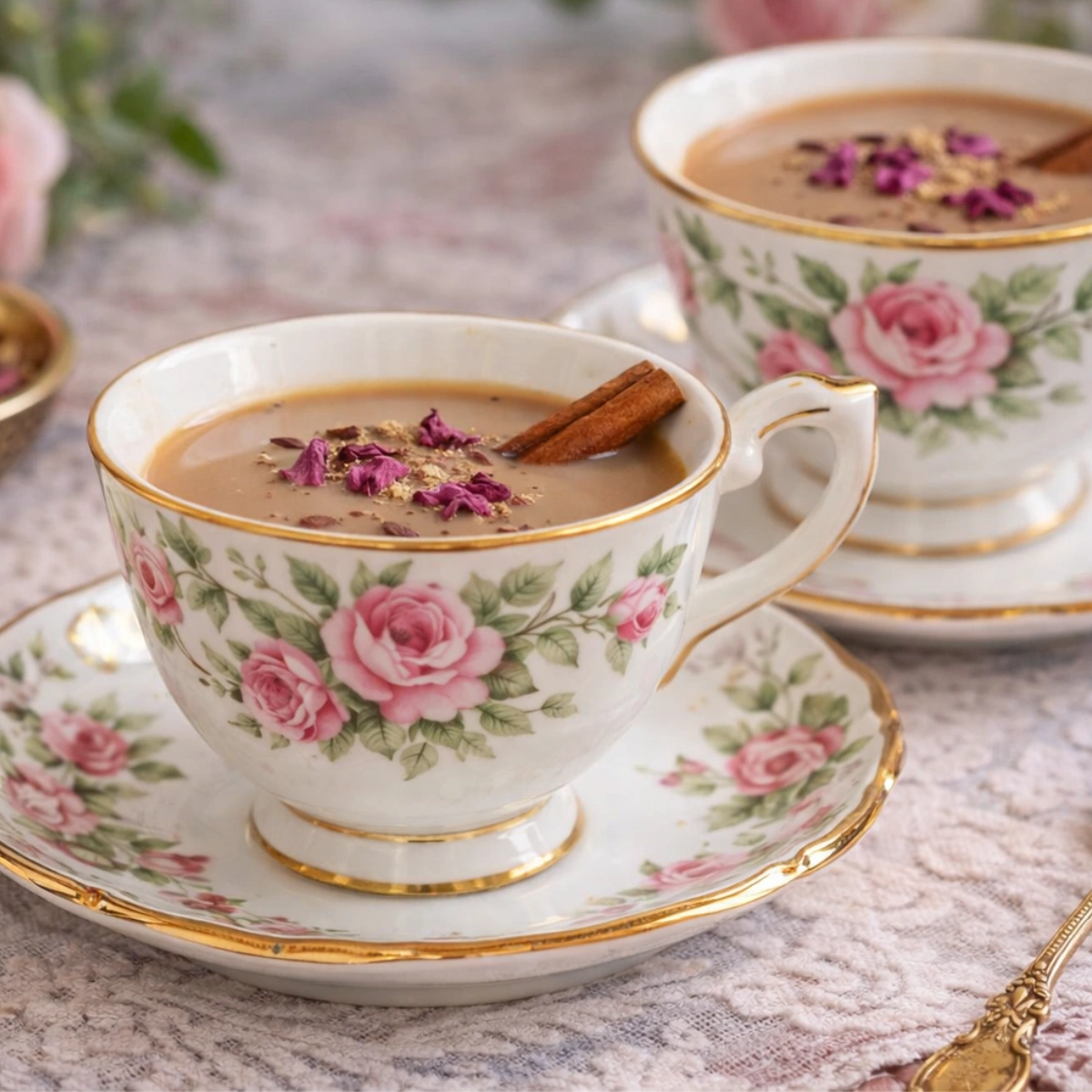 Authentic North Indian masala chai served in vintage floral tea cups for a Bridgerton-themed bridal shower.