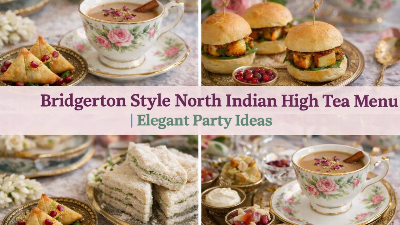 Bridgerton meets Bollywood aesthetic tea party table with North Indian snacks and vintage floral china.