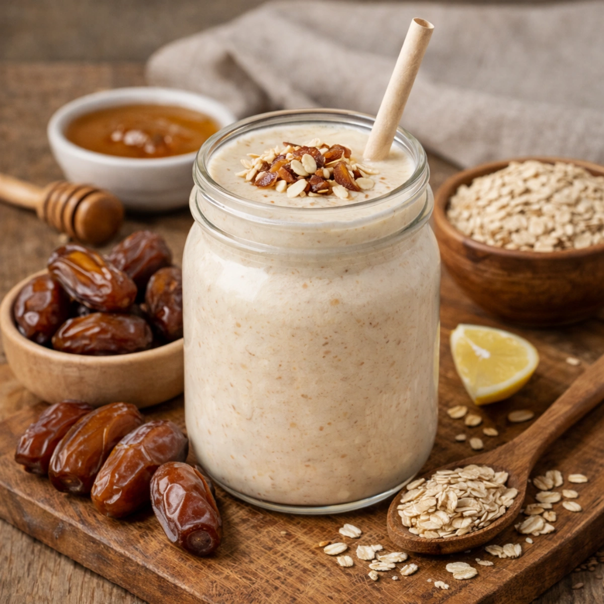 High fiber energy smoothie with dates and oats for weight loss in Suhoor