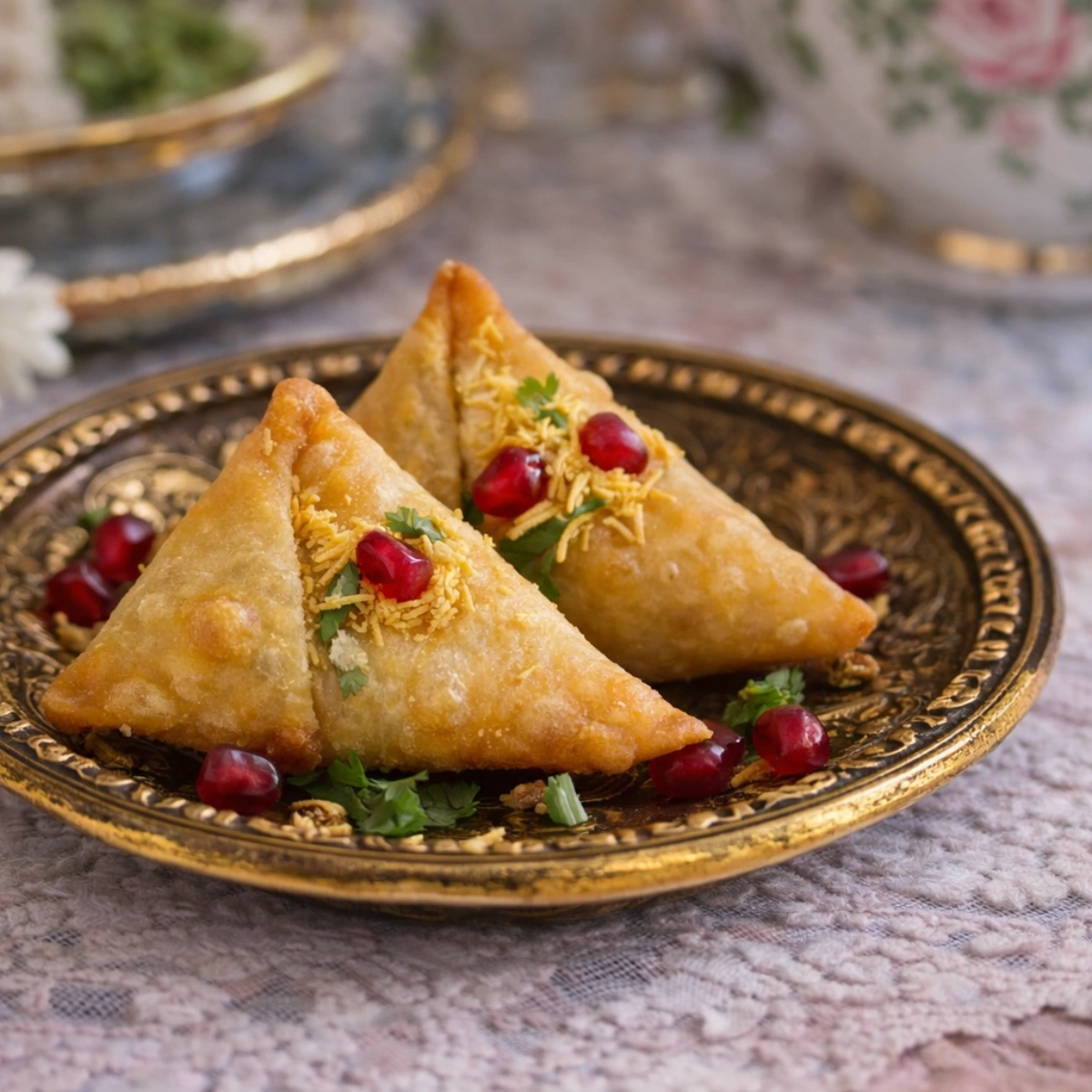 Mini cocktail samosas with pomegranate garnish and tamarind chutney on a royal garden party platter.
