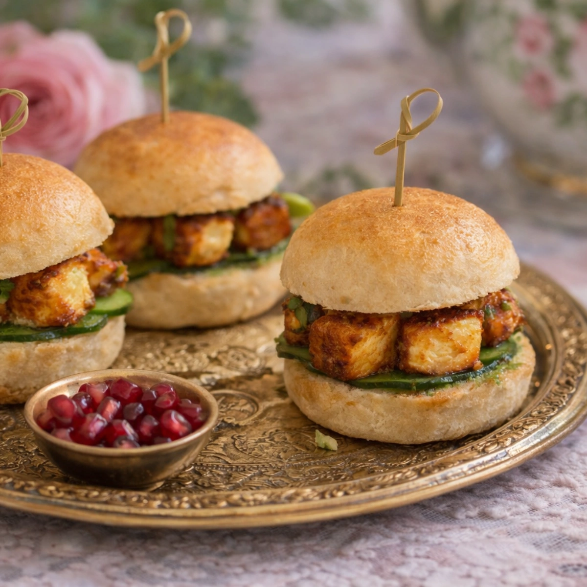 Mini paneer tikka sliders with mint mayo spread for a sophisticated garden party menu.
