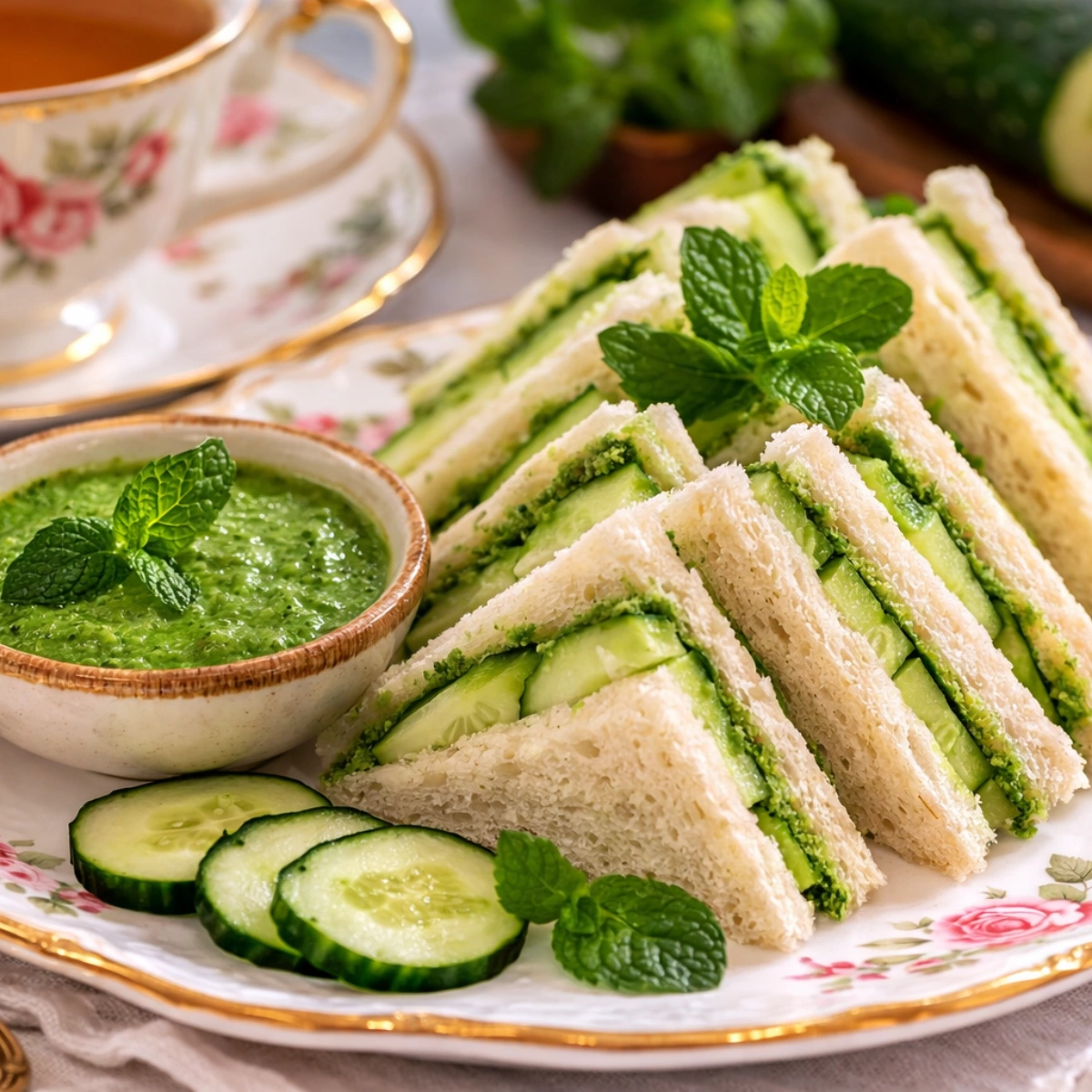 Refreshing cucumber and mint chutney finger sandwiches for a Regency era afternoon tea party.