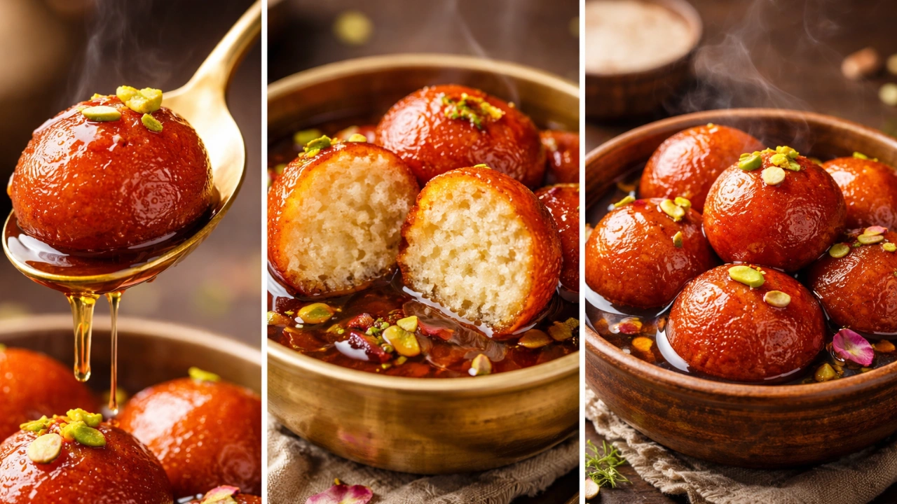 Soft and spongy Gulab Jamun recipe made with milk powder, garnished with pistachios in a bowl.